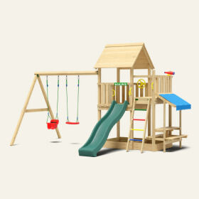 Wooden climbing frame with slide and swings